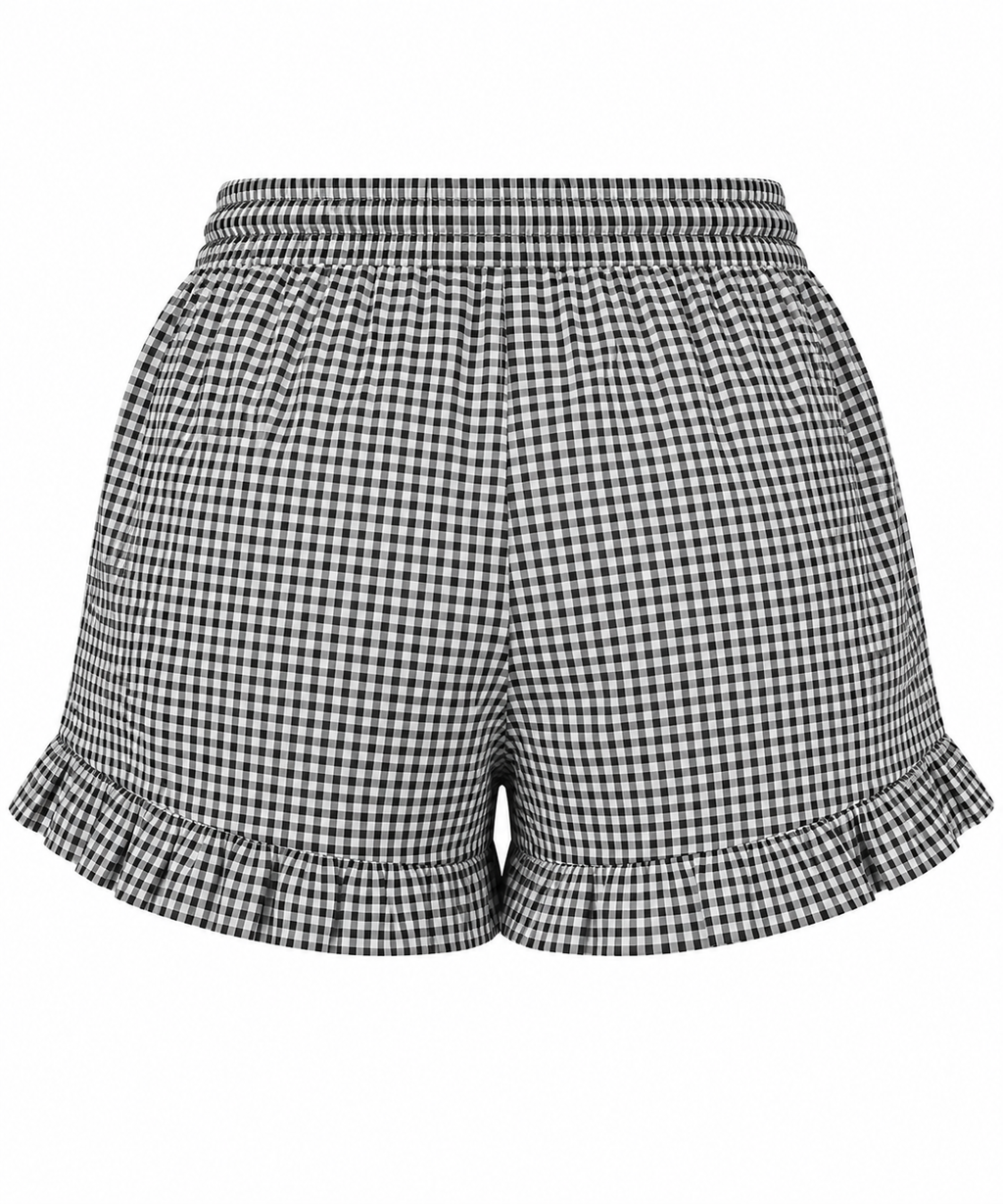 Women’s Checkered Cotton Ruffle Shorts | Elastic Waist & Pockets