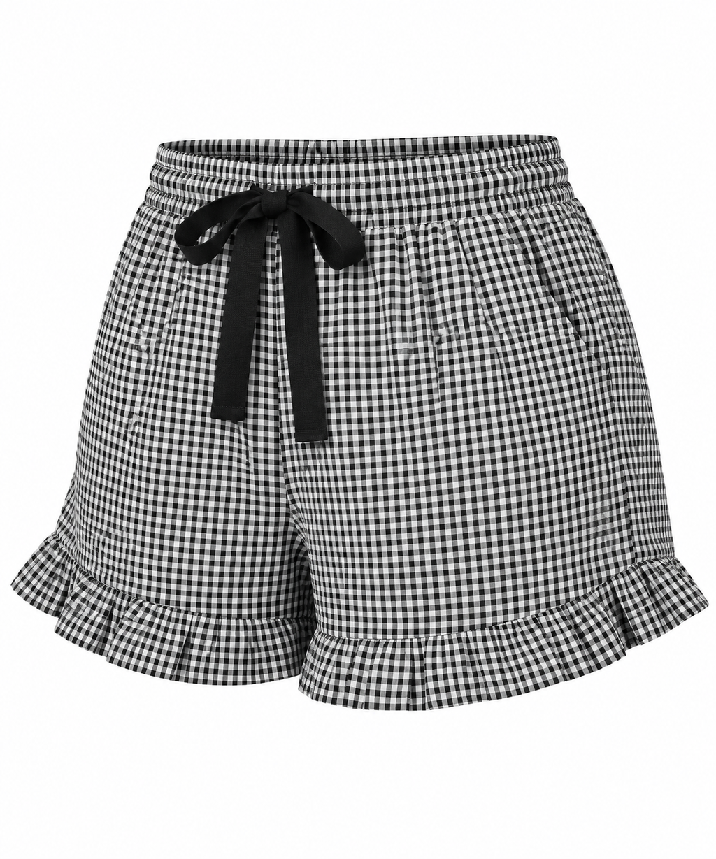 Women’s Checkered Cotton Ruffle Shorts | Elastic Waist & Pockets