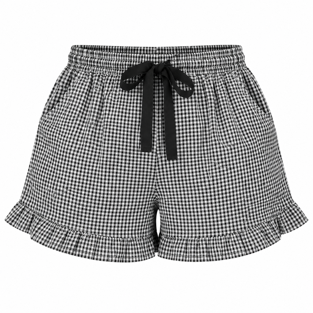 Women’s Checkered Cotton Ruffle Shorts | Elastic Waist & Pockets