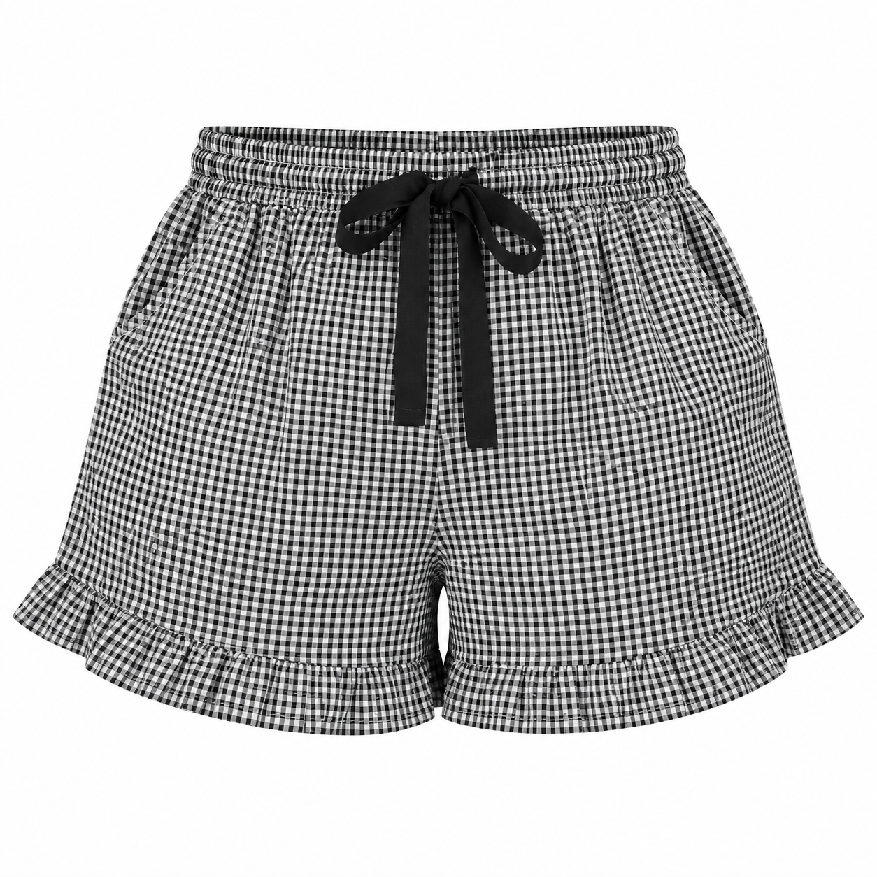 Women’s Checkered Cotton Ruffle Shorts | Elastic Waist & Pockets
