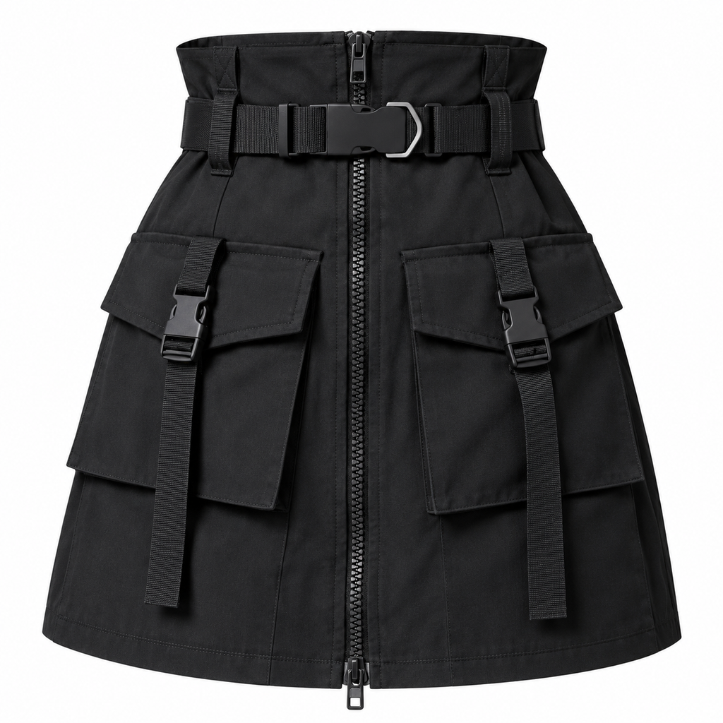 Women’s Black High-Waisted Utility Cargo Mini Skirt with Belt & Buckle