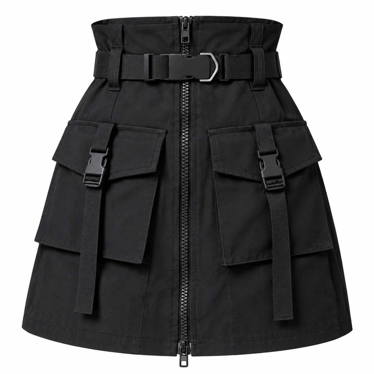 Women’s Black High-Waisted Utility Cargo Mini Skirt with Belt & Buckle