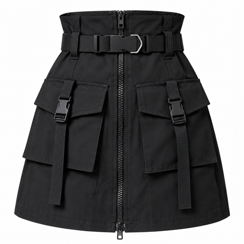 Women’s Black High-Waisted Utility Cargo Mini Skirt with Belt & Buckle