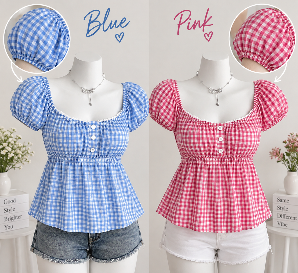 Women’s Red & Blue Puff Sleeve Peplum Top | Square Neck Checkered Top