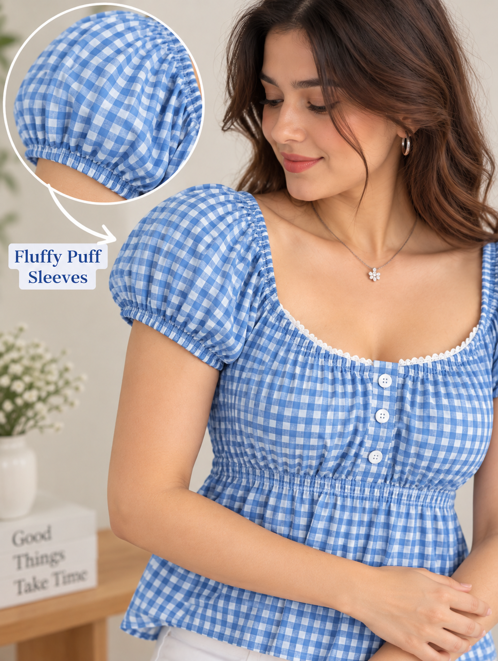 Women’s Red & Blue Puff Sleeve Peplum Top | Square Neck Checkered Top