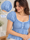 Women’s Red & Blue Puff Sleeve Peplum Top | Square Neck Checkered Top