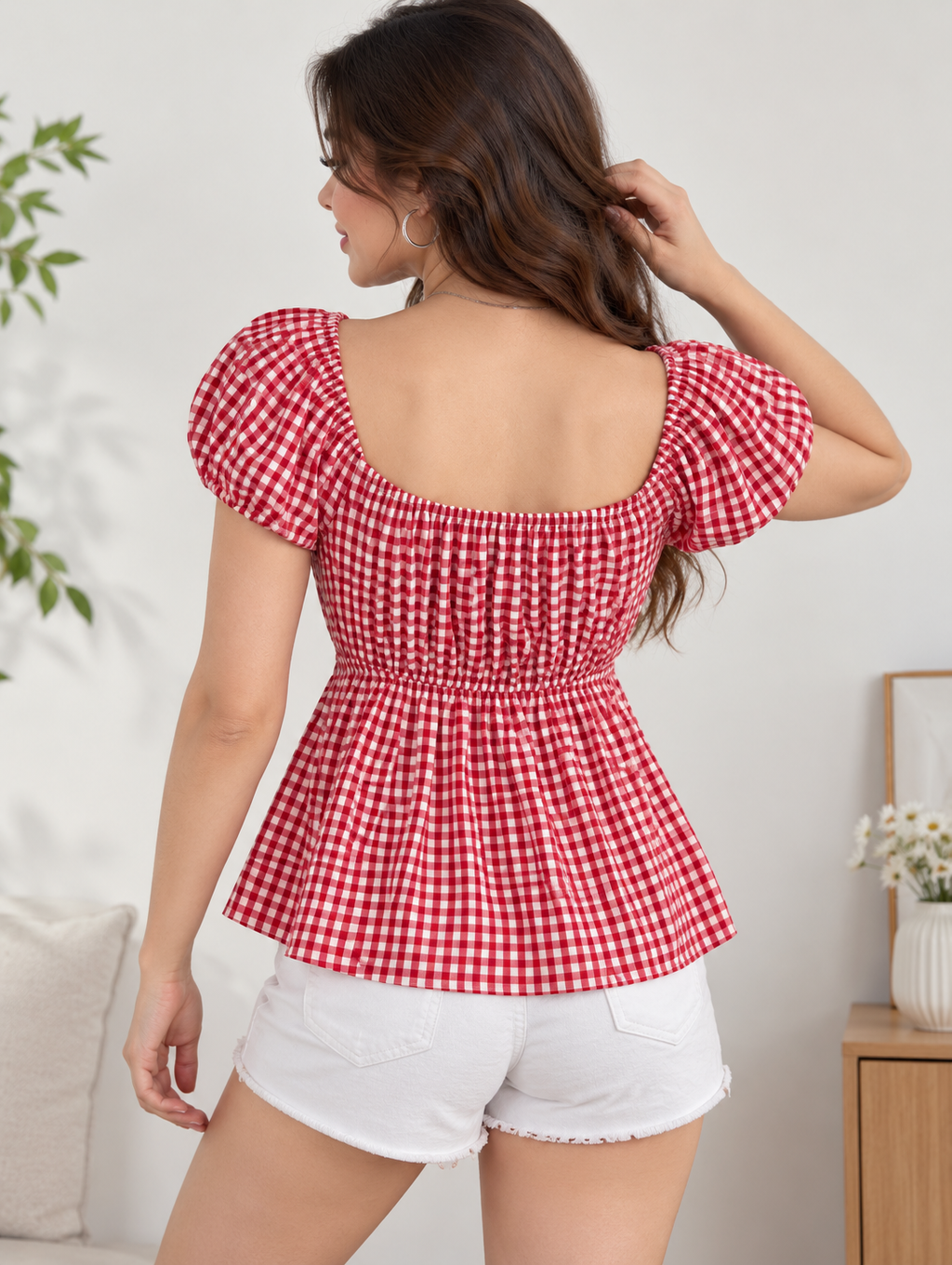 Women’s Red & Blue Puff Sleeve Peplum Top | Square Neck Checkered Top