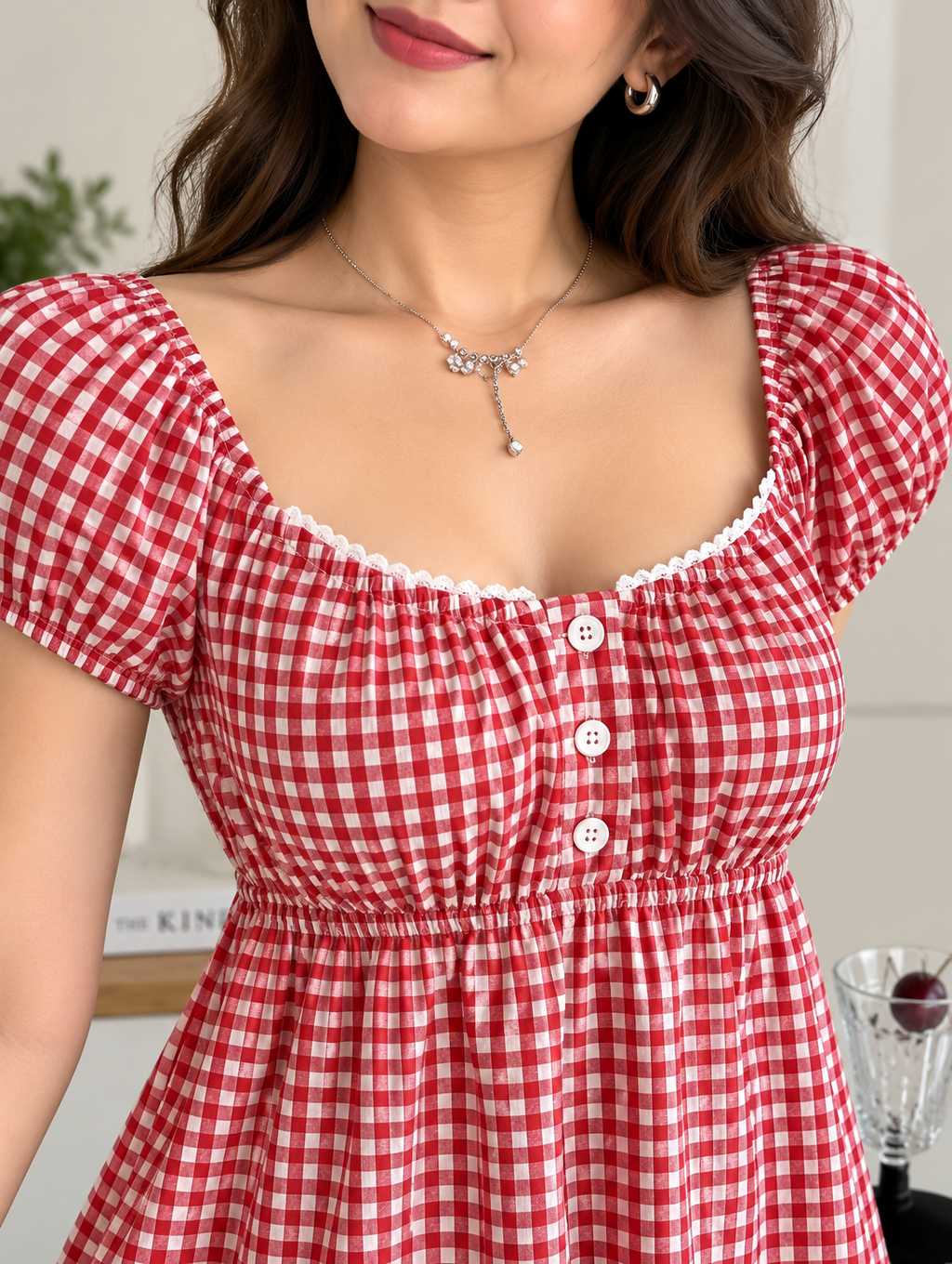 Women’s Red & Blue Puff Sleeve Peplum Top | Square Neck Checkered Top