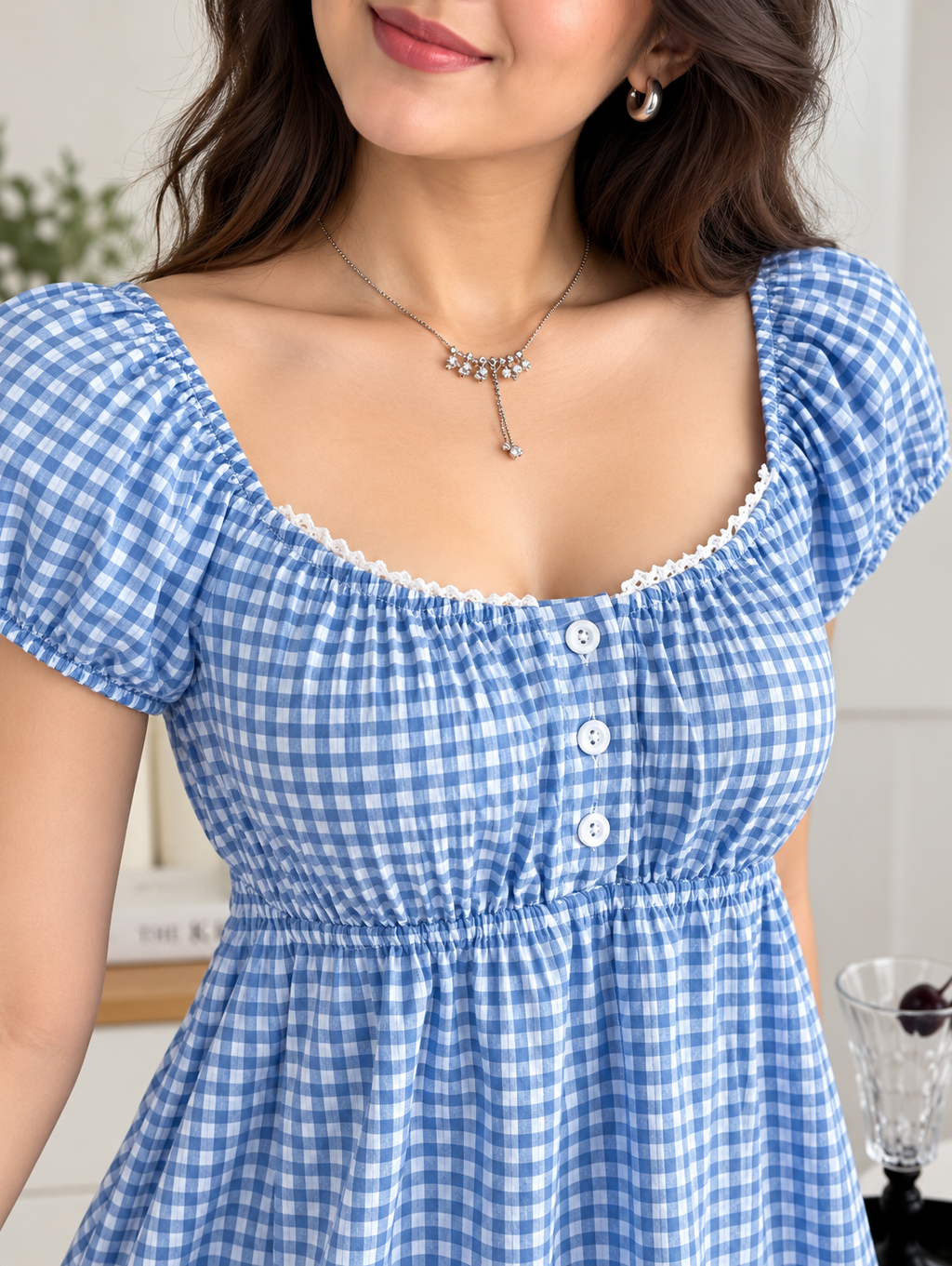 Women’s Red & Blue Puff Sleeve Peplum Top | Square Neck Checkered Top