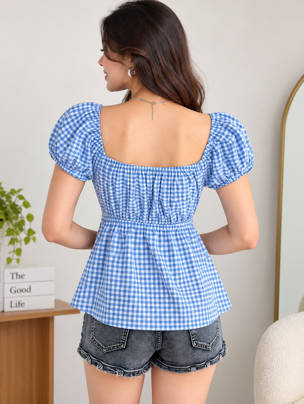 Women’s Red & Blue Puff Sleeve Peplum Top | Square Neck Checkered Top