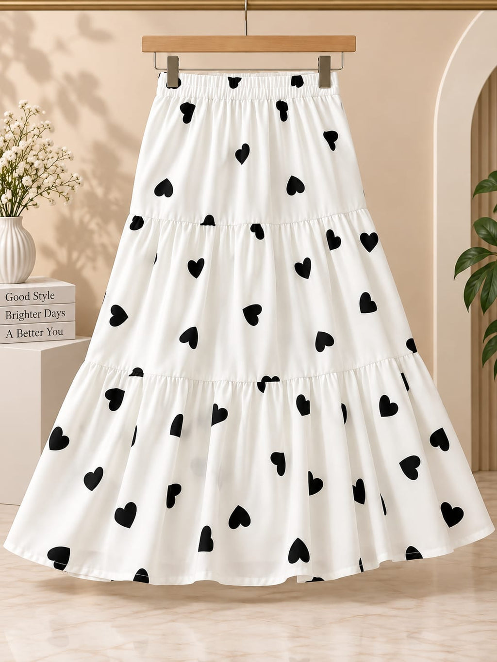 Women’s White Cotton Tiered Maxi Skirt with Red Heart Print – Flared Long Skirt