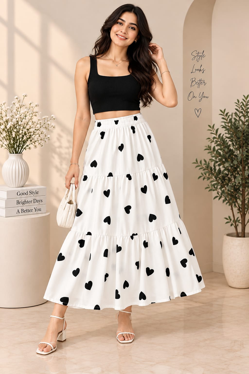 Women’s White Cotton Tiered Maxi Skirt with Red Heart Print – Flared Long Skirt