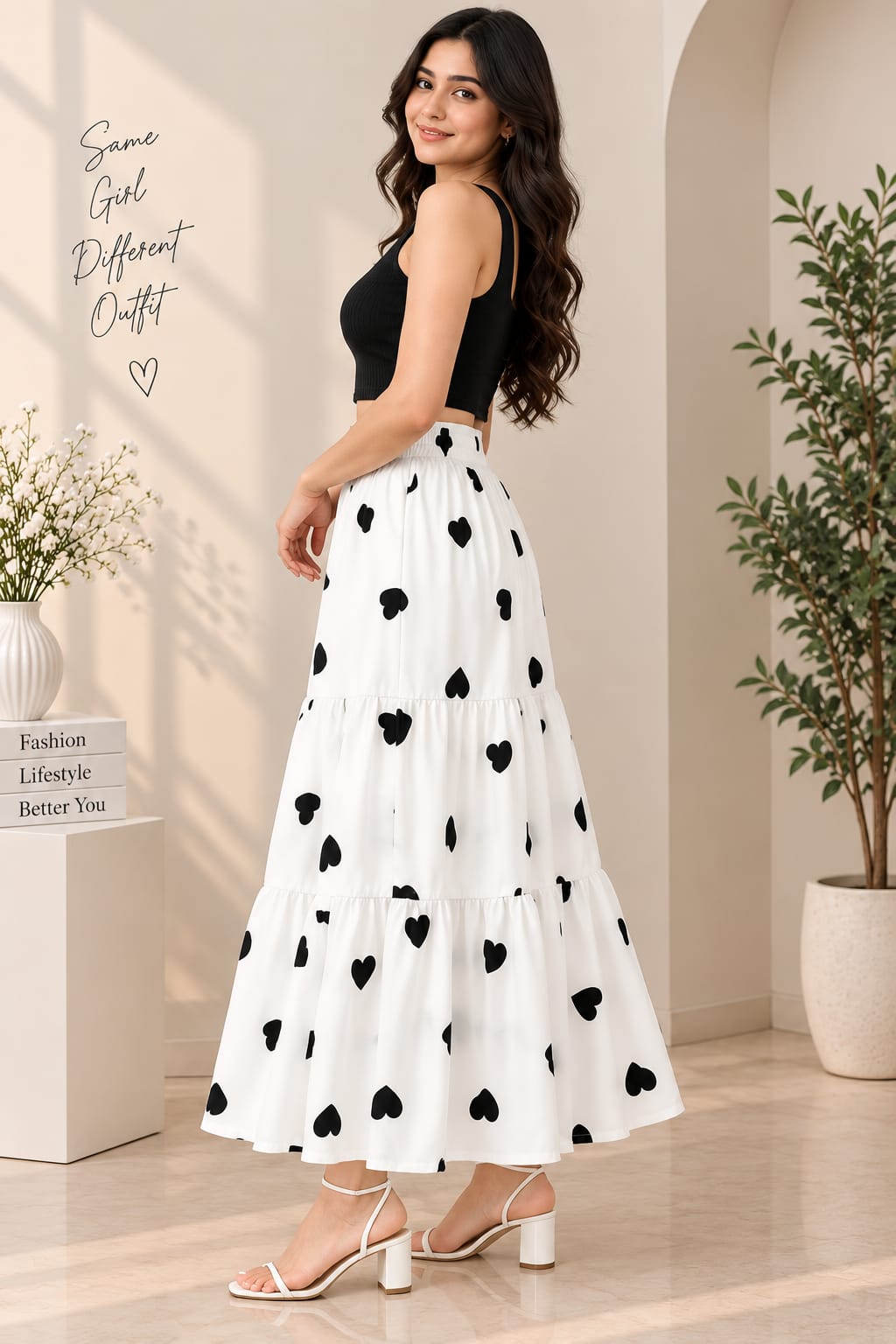 Women’s White Cotton Tiered Maxi Skirt with Red Heart Print – Flared Long Skirt