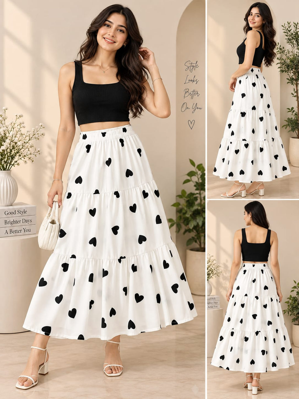 Women’s White Cotton Tiered Maxi Skirt with Red Heart Print – Flared Long Skirt