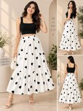Women’s White Cotton Tiered Maxi Skirt with Red Heart Print – Flared Long Skirt