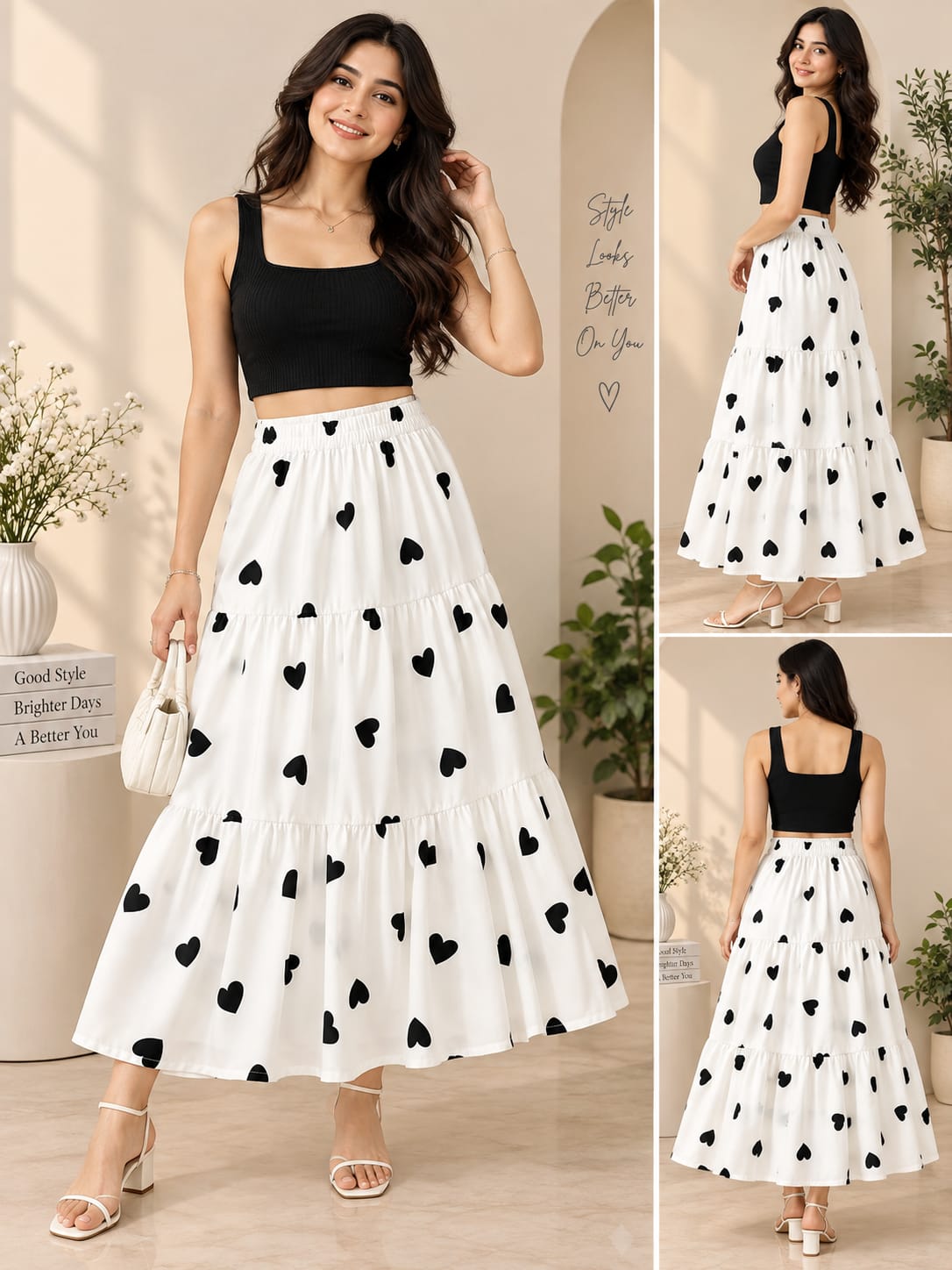 Women’s White Cotton Tiered Maxi Skirt with Red Heart Print – Flared Long Skirt