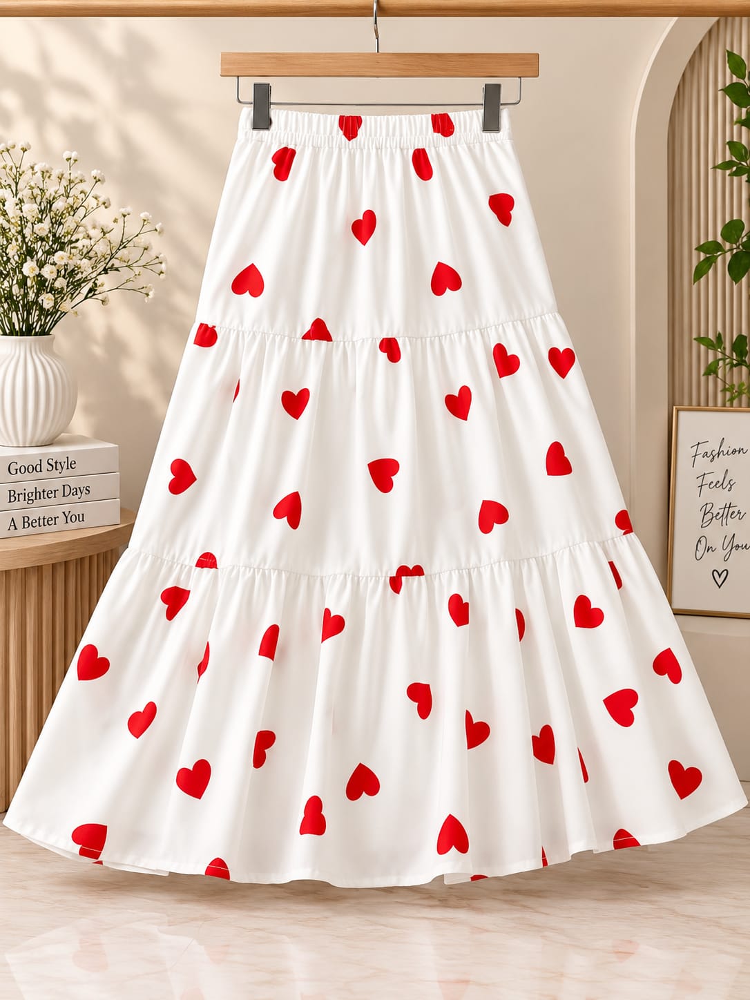 Women’s White Cotton Tiered Maxi Skirt with Red Heart Print – Flared Long Skirt