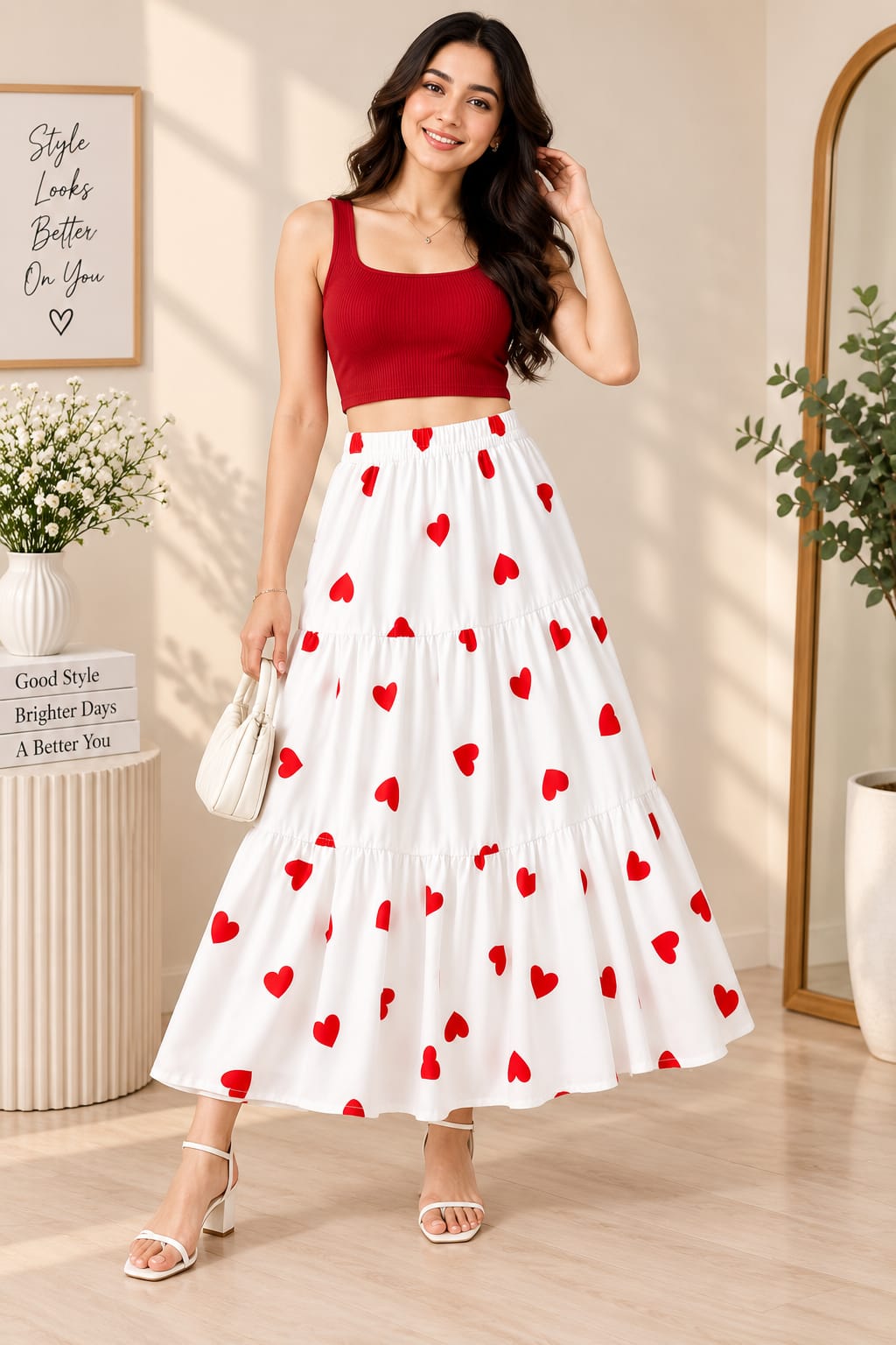 Women’s White Cotton Tiered Maxi Skirt with Red Heart Print – Flared Long Skirt