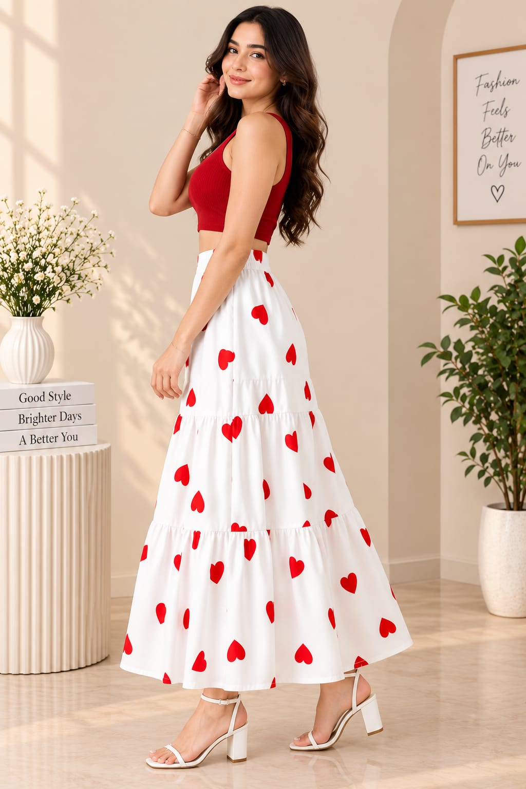 Women’s White Cotton Tiered Maxi Skirt with Red Heart Print – Flared Long Skirt