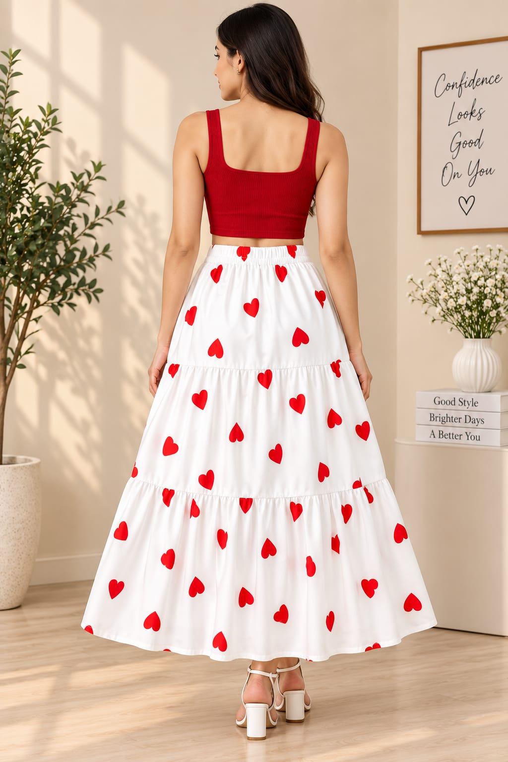 Women’s White Cotton Tiered Maxi Skirt with Red Heart Print – Flared Long Skirt