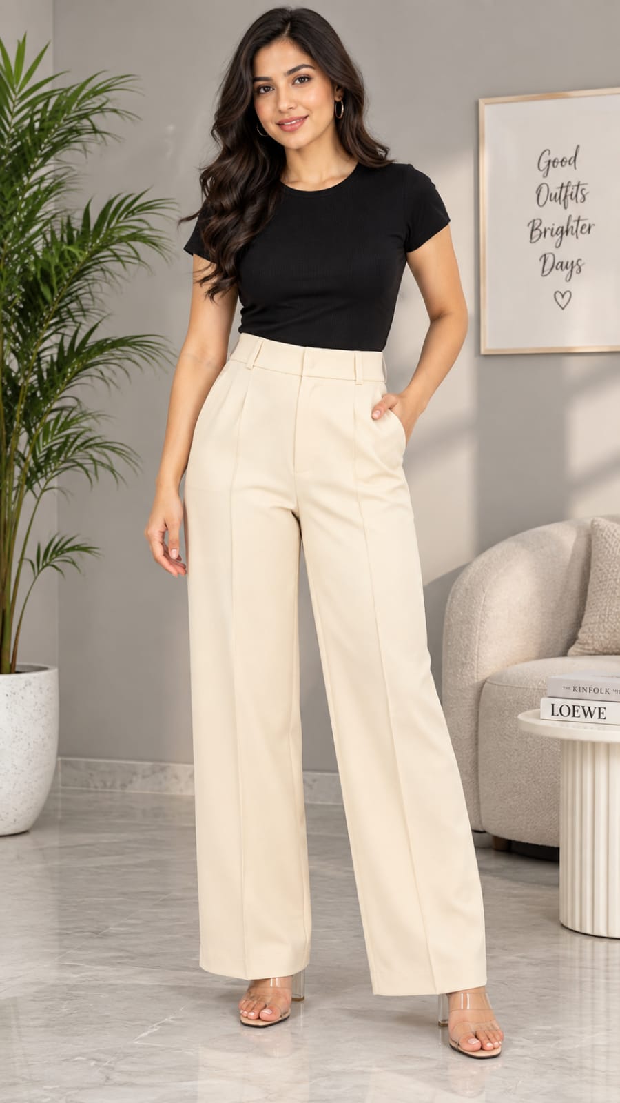 Women’s Cream High-Waist Straight-Leg Tailored Pants