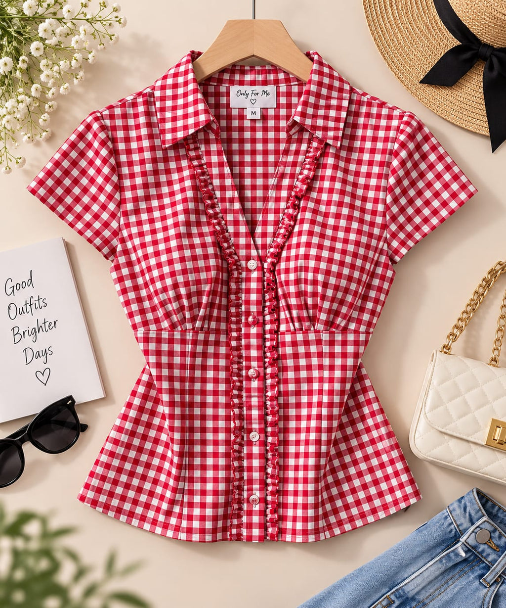 Women’s Blue & White Gingham Checkered Peplum Top with Ruffle Trim & Button Front