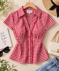 Women’s Blue & White Gingham Checkered Peplum Top with Ruffle Trim & Button Front