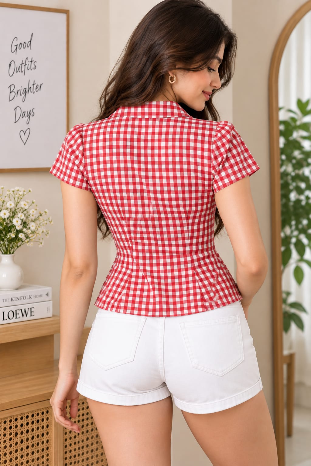 Women’s Blue & White Gingham Checkered Peplum Top with Ruffle Trim & Button Front