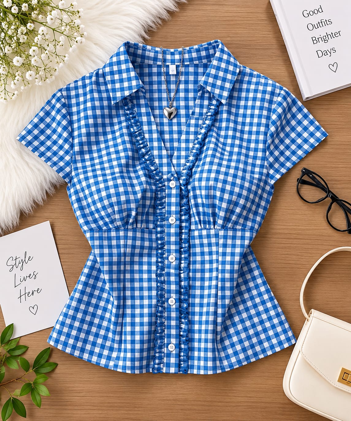 Women’s Blue & White Gingham Checkered Peplum Top with Ruffle Trim & Button Front