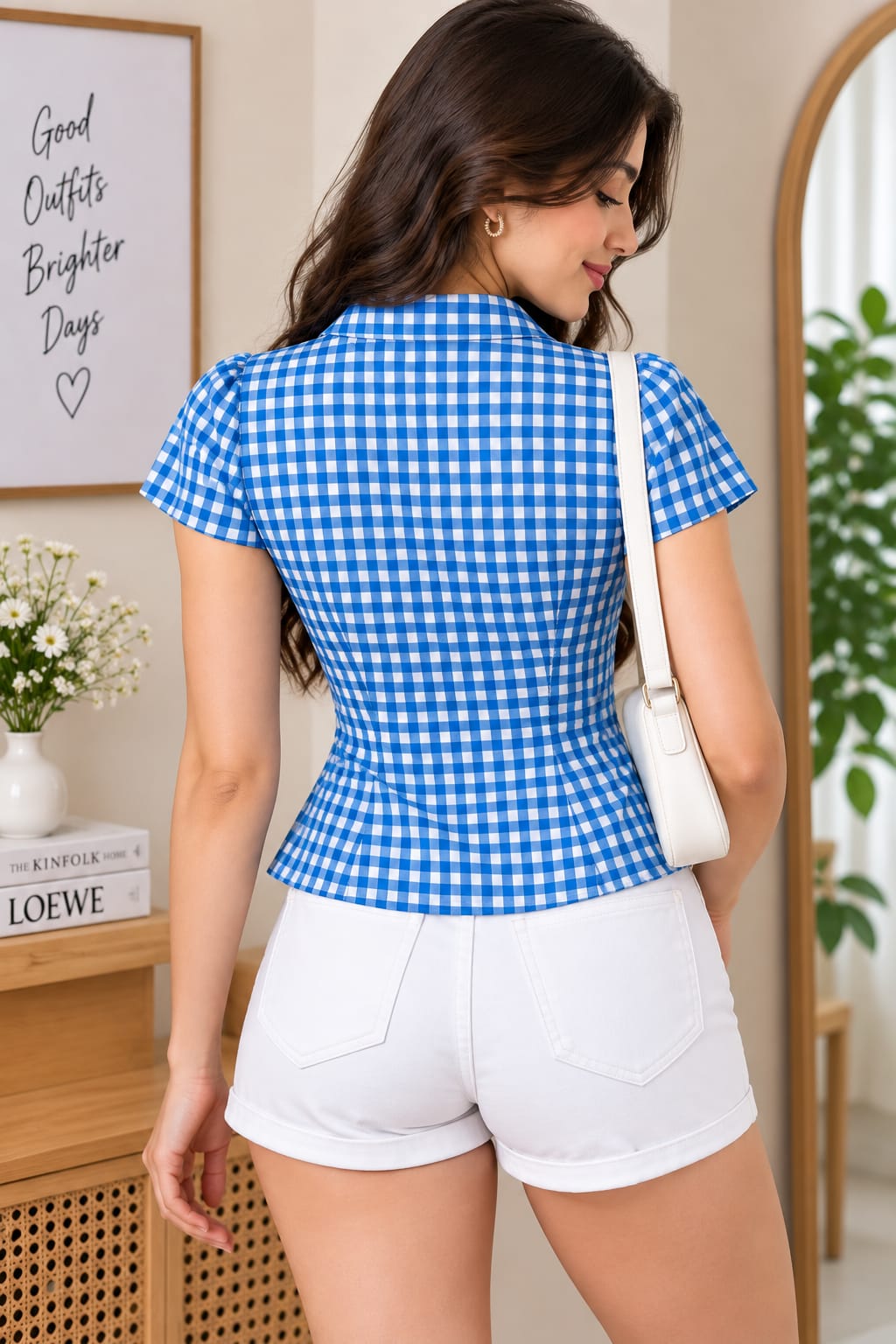 Women’s Blue & White Gingham Checkered Peplum Top with Ruffle Trim & Button Front