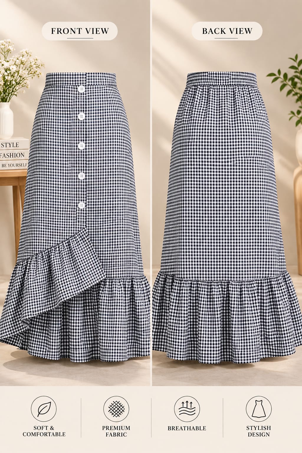 Women’s Cotton Checkered High-Waist Button-Front Ruffle Hem Midi Skirt