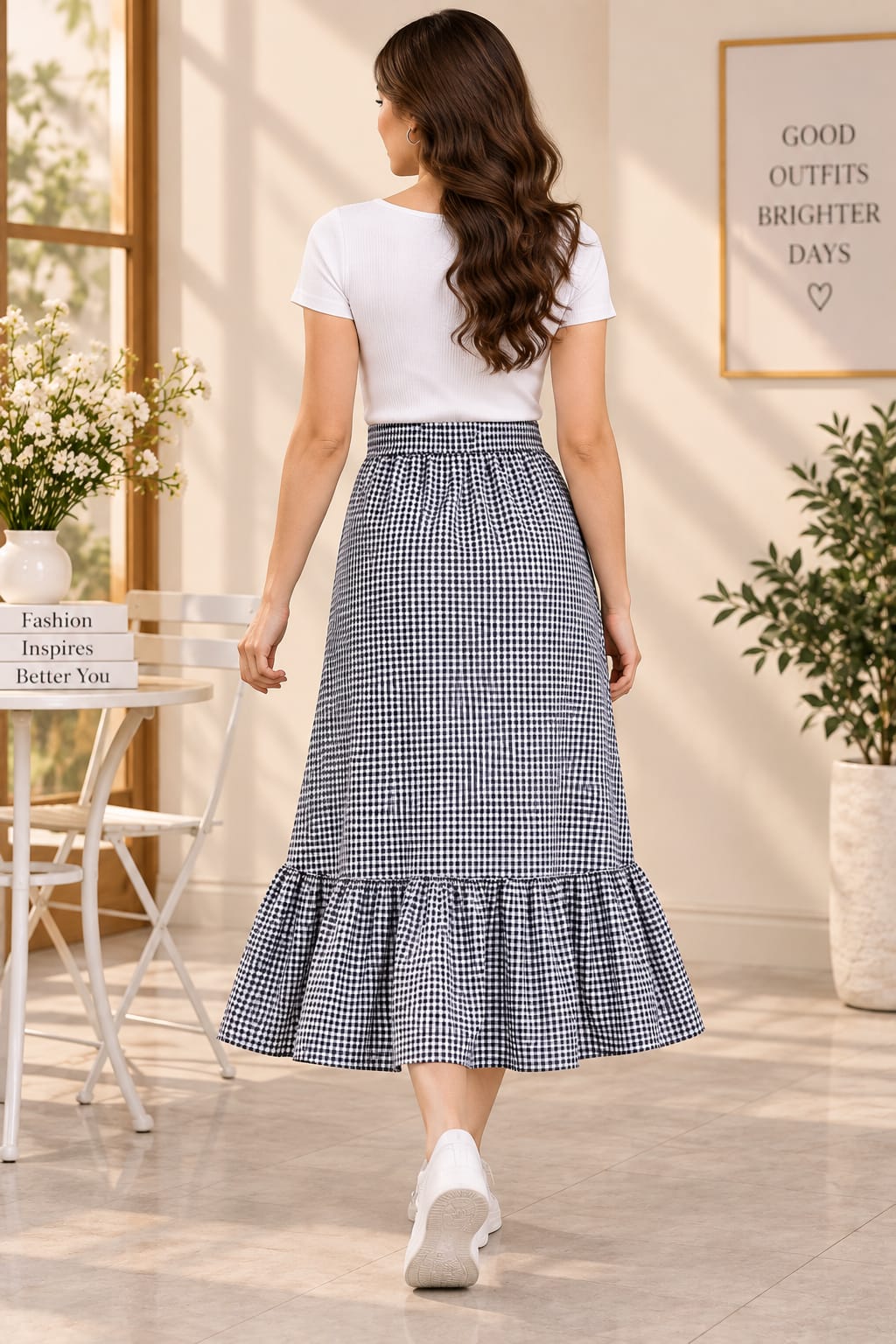 Women’s Cotton Checkered High-Waist Button-Front Ruffle Hem Midi Skirt