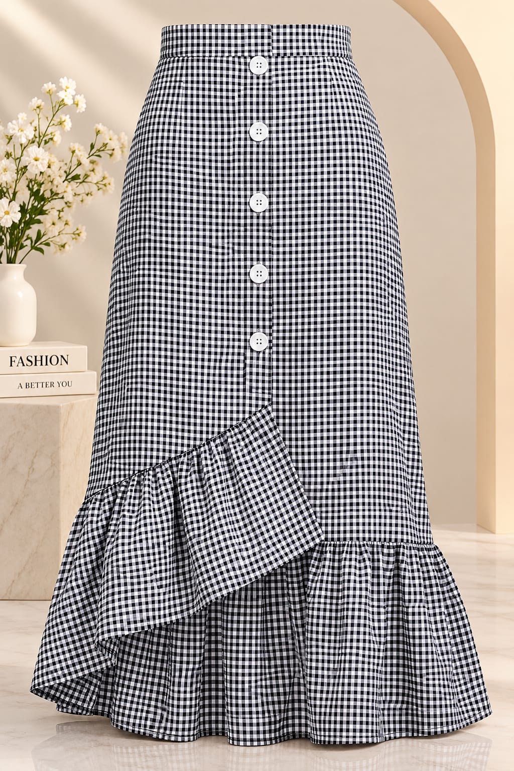 Women’s Cotton Checkered High-Waist Button-Front Ruffle Hem Midi Skirt
