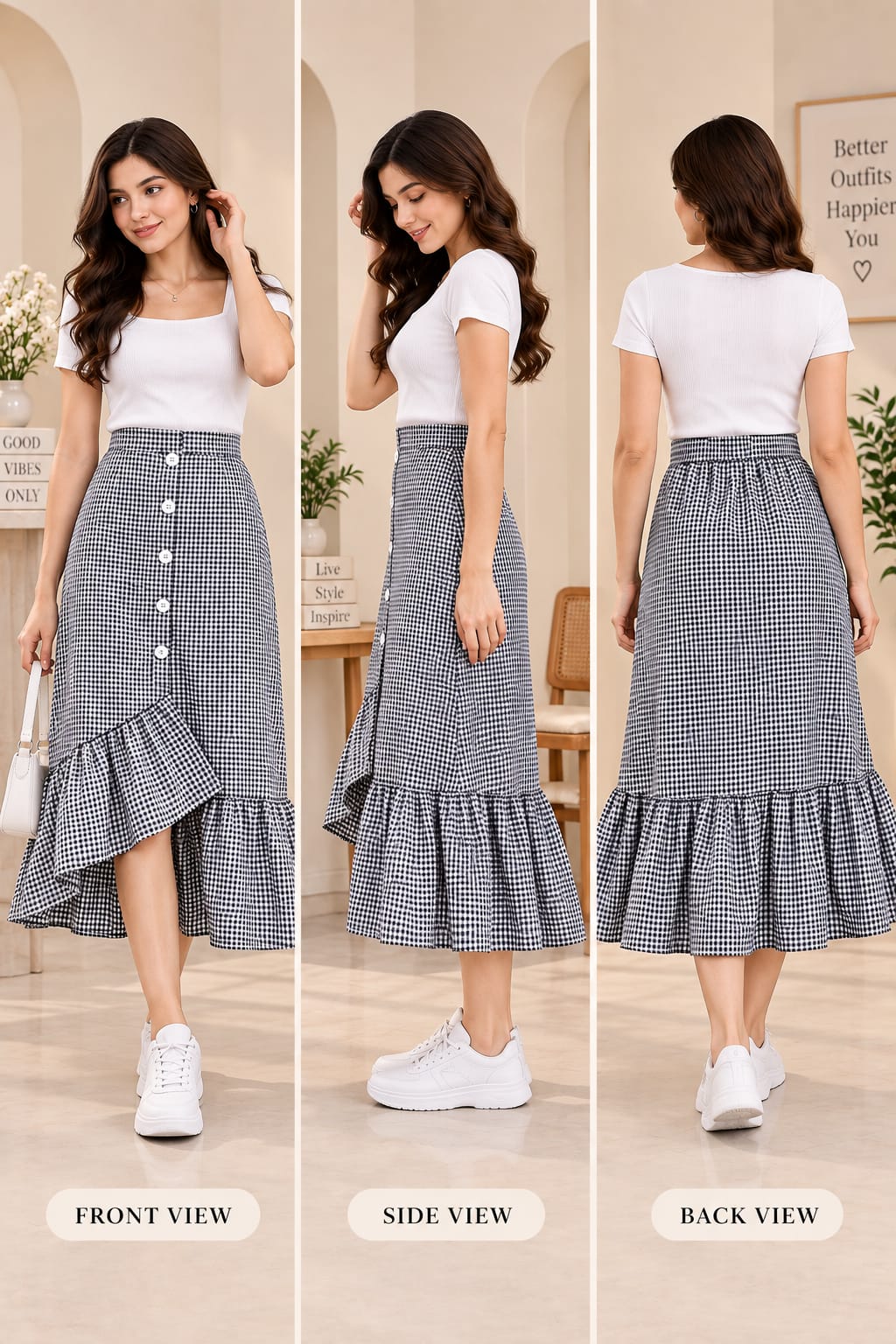 Women’s Cotton Checkered High-Waist Button-Front Ruffle Hem Midi Skirt