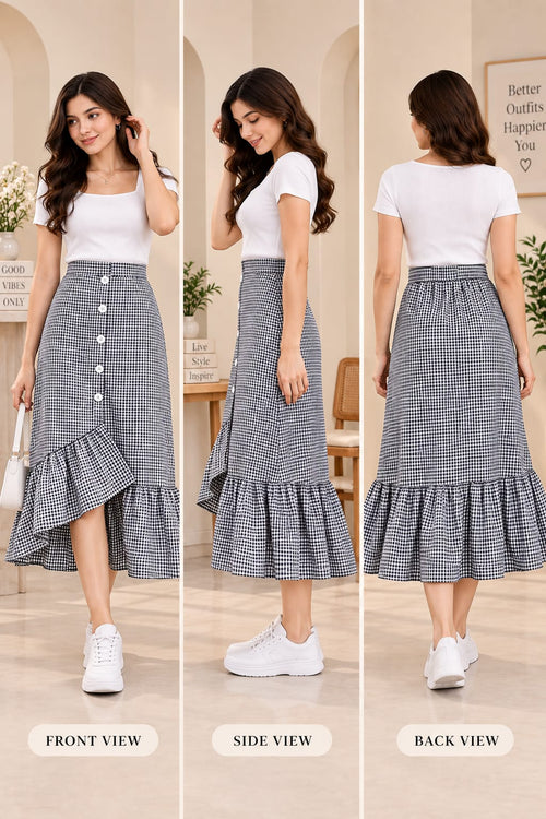 Women’s Cotton Checkered High-Waist Button-Front Ruffle Hem Midi Skirt