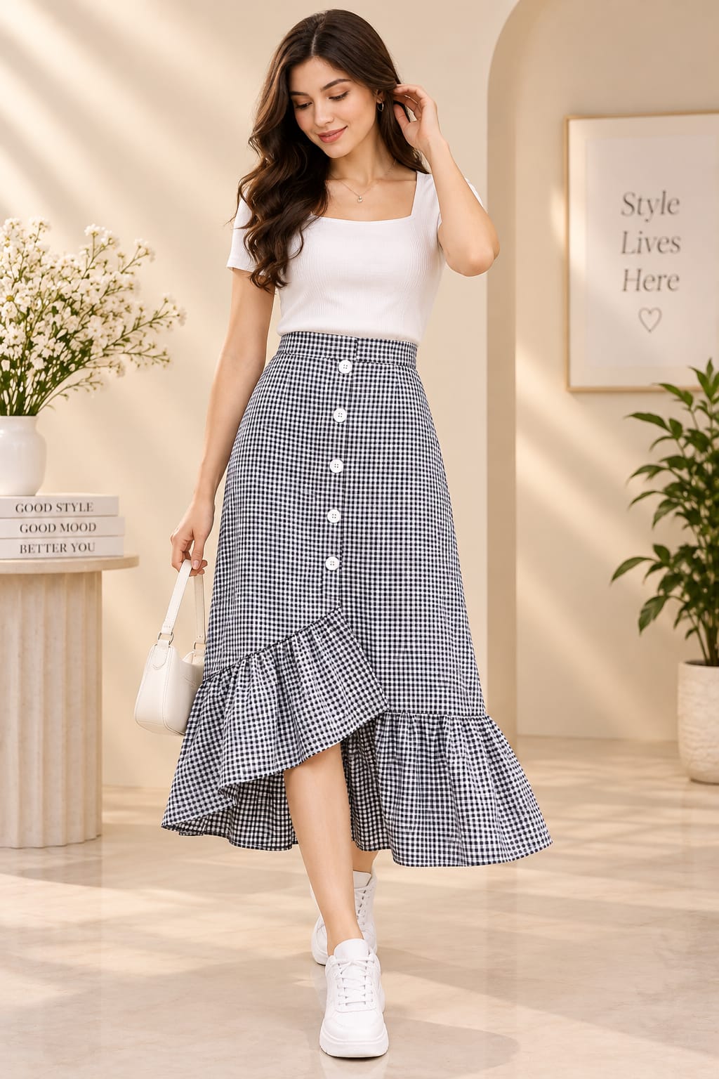 Women’s Cotton Checkered High-Waist Button-Front Ruffle Hem Midi Skirt