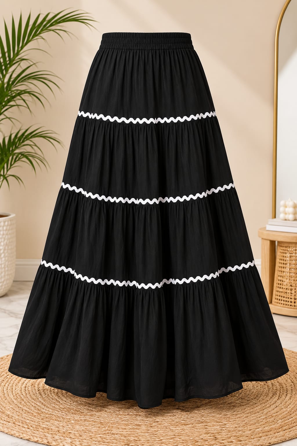 Women’s Cotton Tiered Maxi Skirt with White Lace Trim – Flared Long Skirt