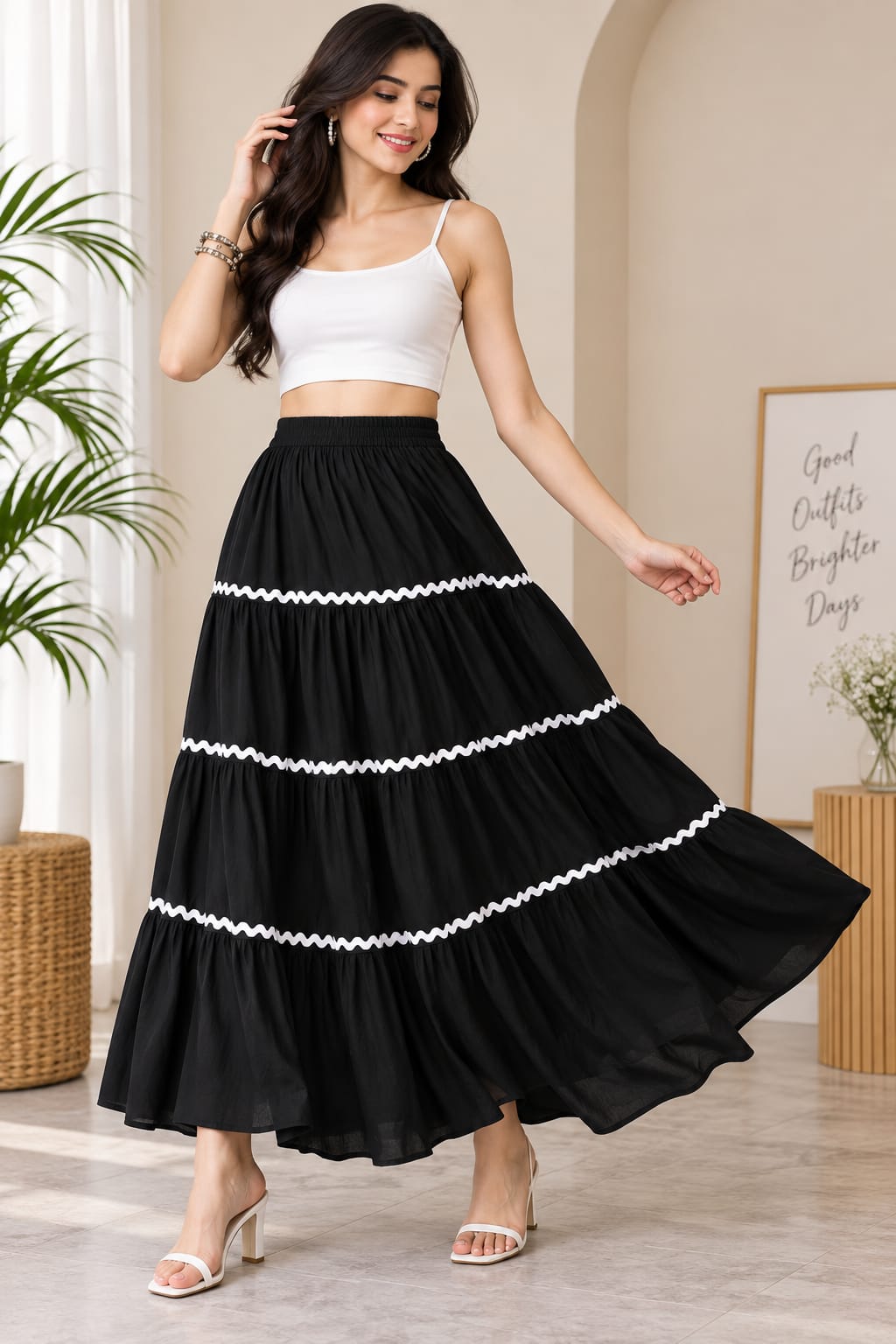 Women’s Cotton Tiered Maxi Skirt with White Lace Trim – Flared Long Skirt