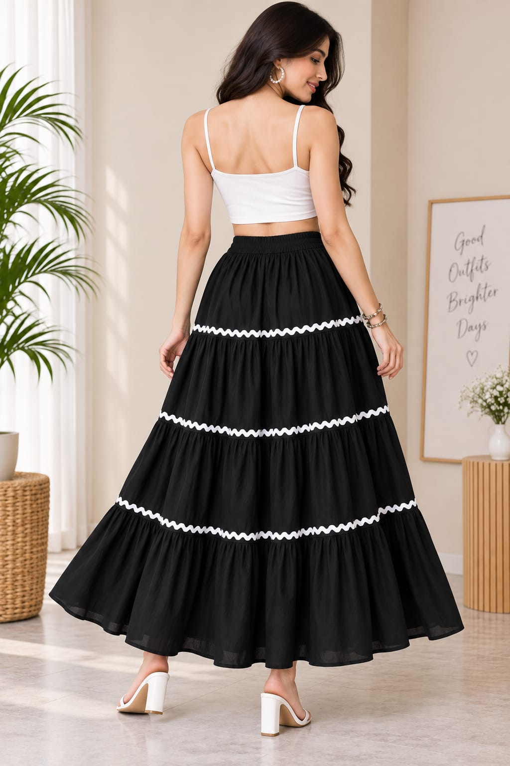 Women’s Cotton Tiered Maxi Skirt with White Lace Trim – Flared Long Skirt