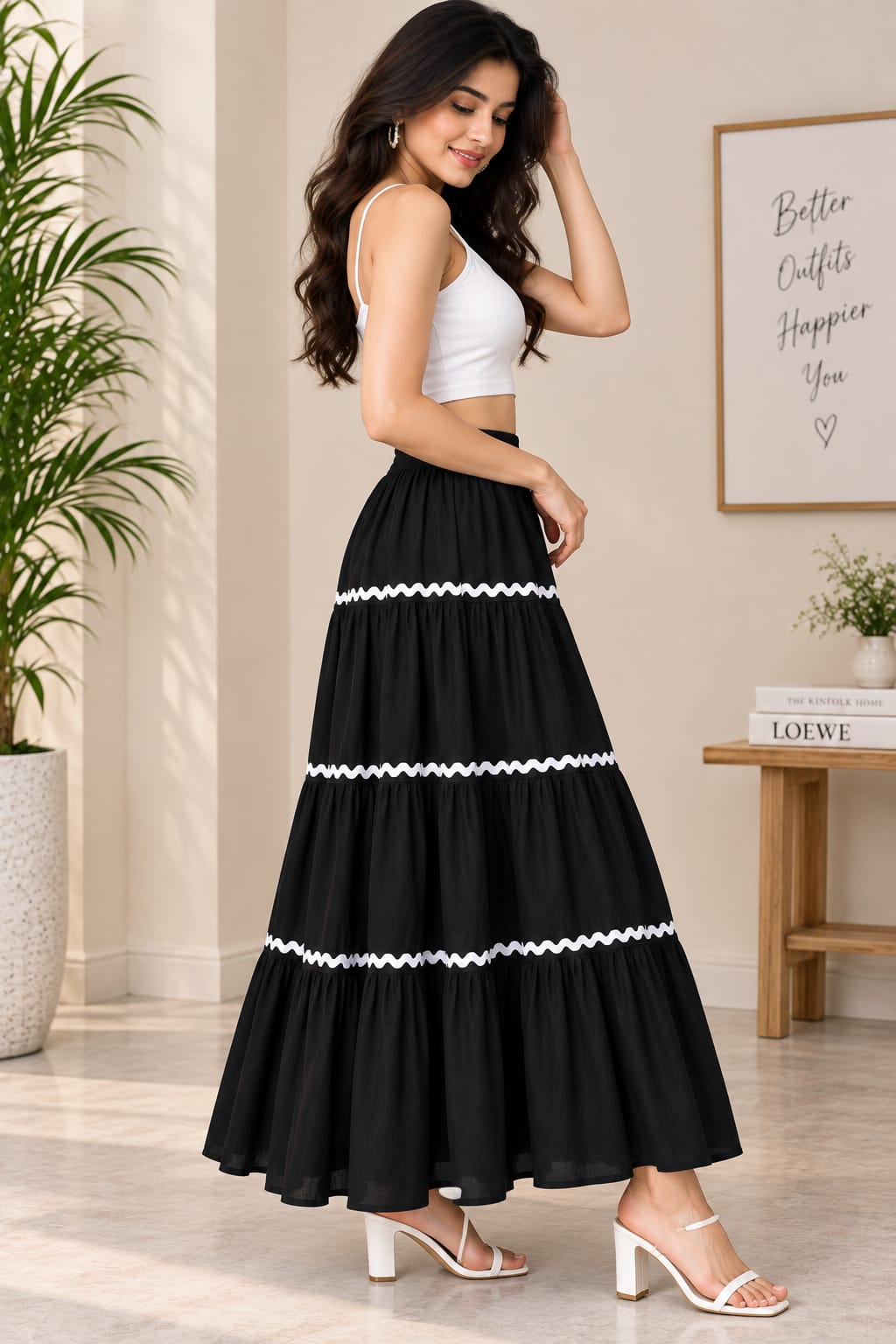 Women’s Cotton Tiered Maxi Skirt with White Lace Trim – Flared Long Skirt