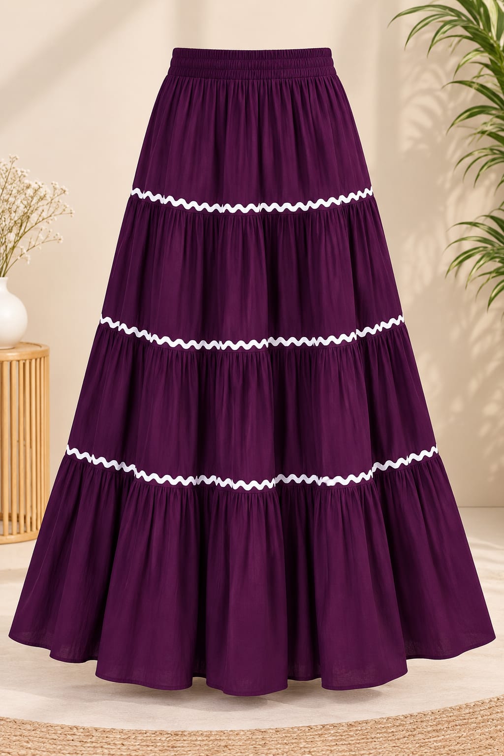 Women’s Cotton Tiered Maxi Skirt with White Lace Trim – Flared Long Skirt