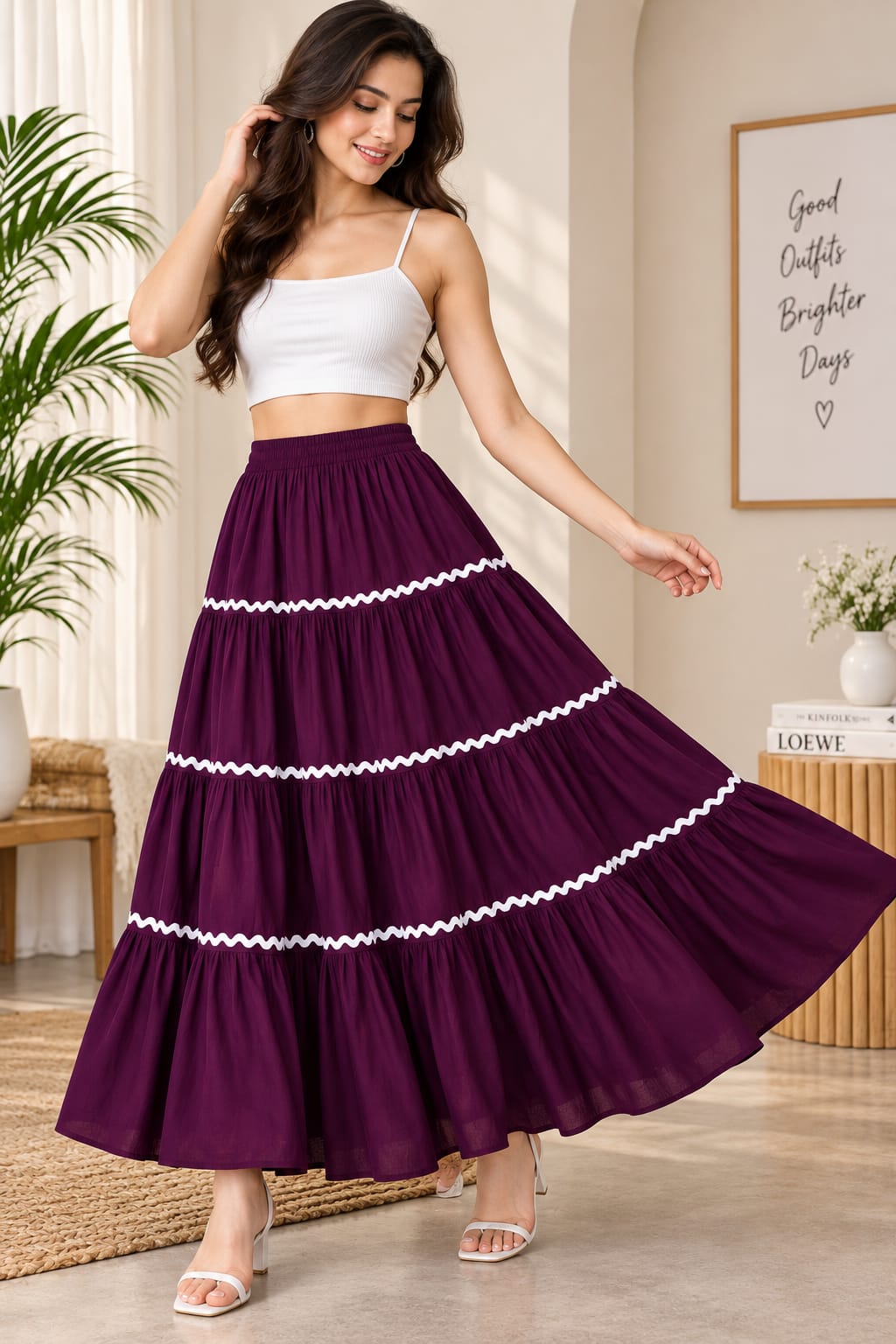 Women’s Cotton Tiered Maxi Skirt with White Lace Trim – Flared Long Skirt
