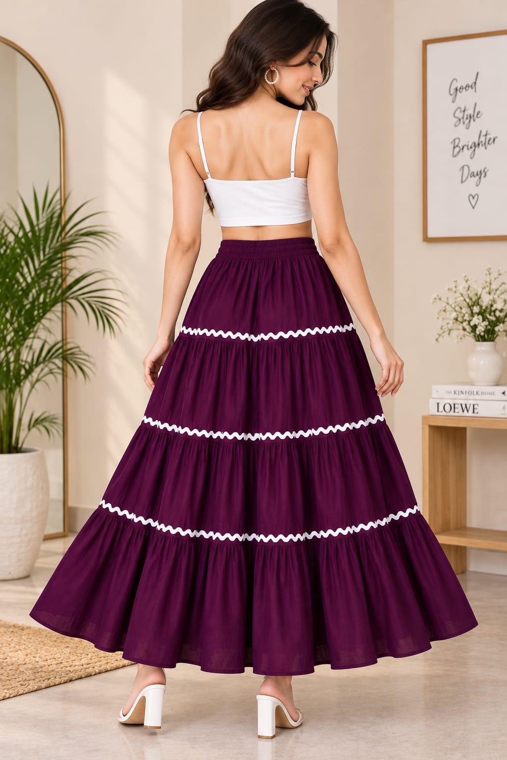 Women’s Cotton Tiered Maxi Skirt with White Lace Trim – Flared Long Skirt