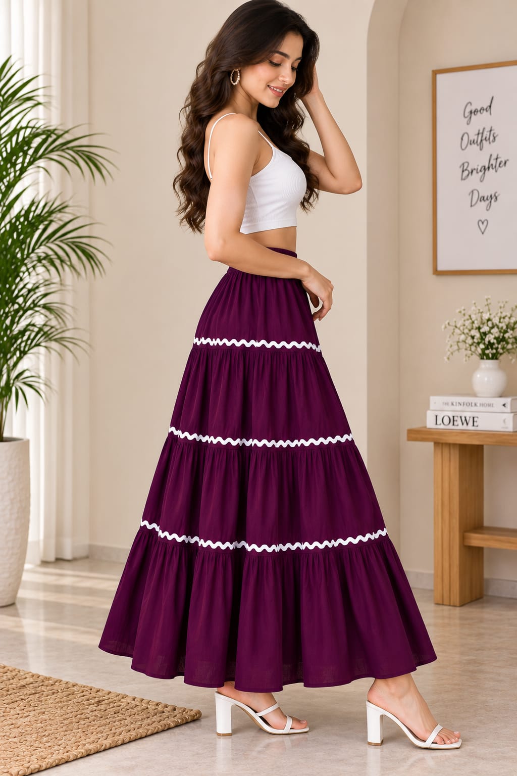 Women’s Cotton Tiered Maxi Skirt with White Lace Trim – Flared Long Skirt